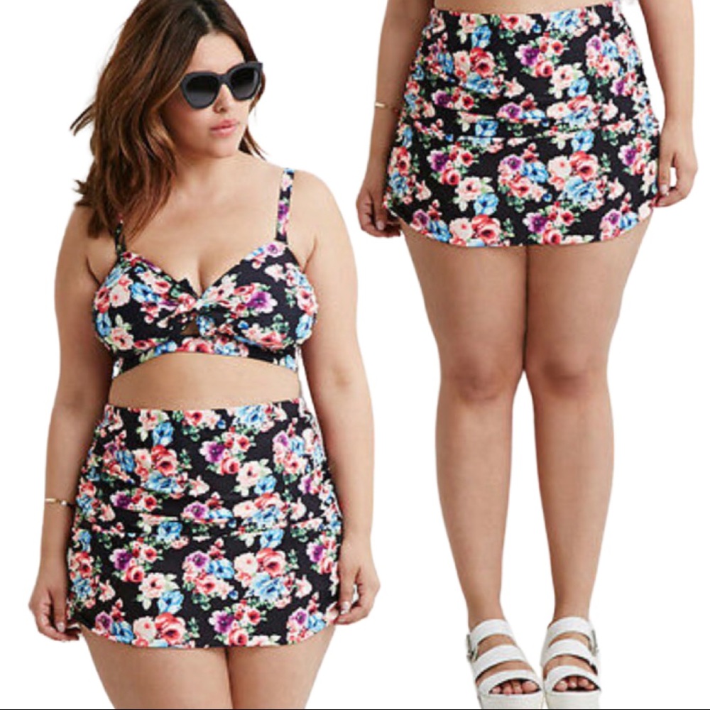 Forever 21 Plus Retro Floral Print Skirted Bikini Bottoms